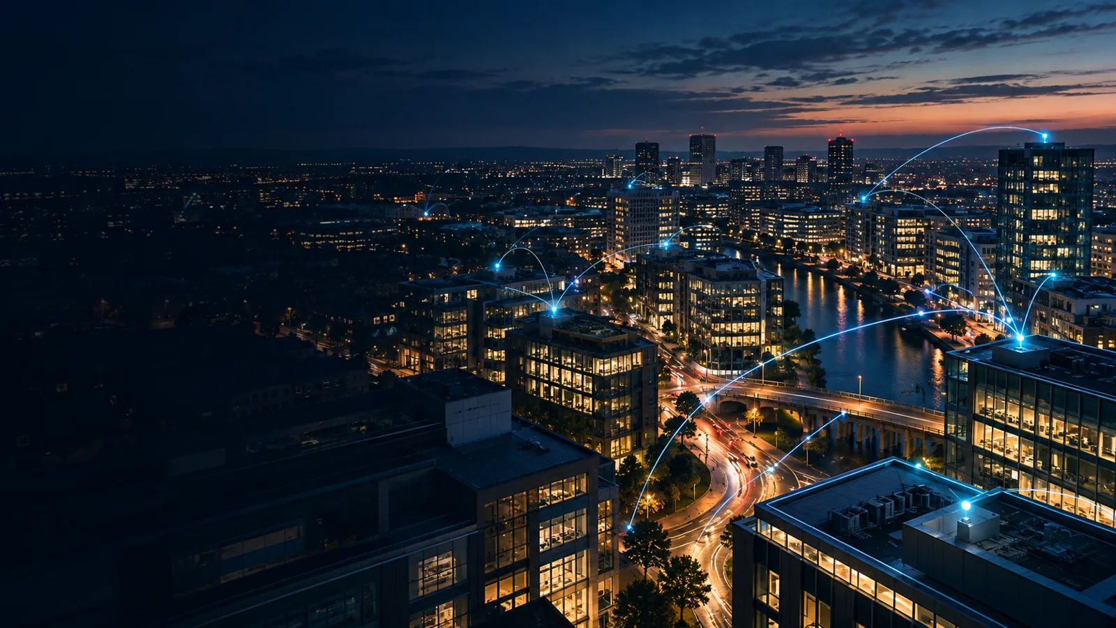 Original illustration of a connected city at dusk