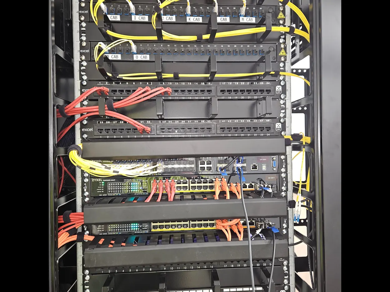 Network switches and connected cabling in a rack