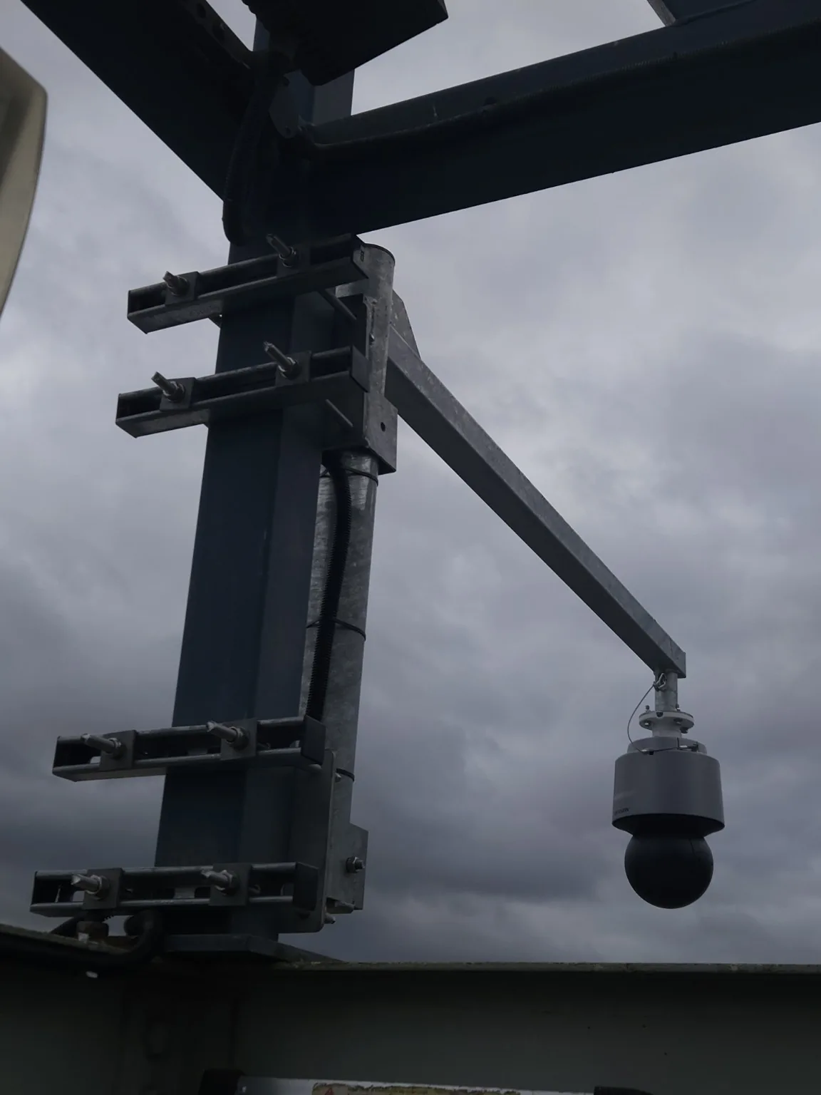 Dome CCTV camera installed on a steel support