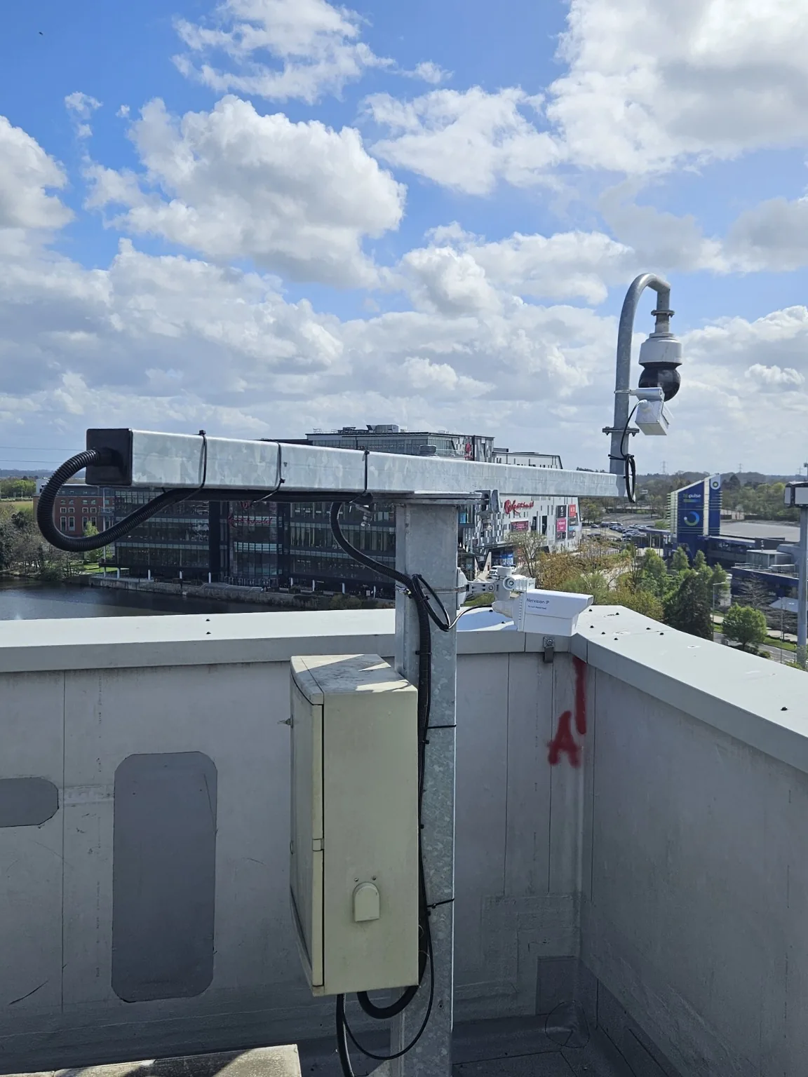 Rooftop CCTV equipment above an urban area